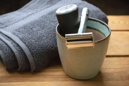 Set of accessories for classic men's wet shaving.の写真素材