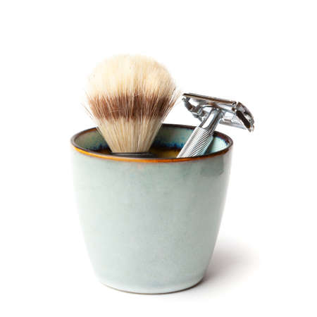 Studio shot of shaving accessories isolated on white background.の写真素材