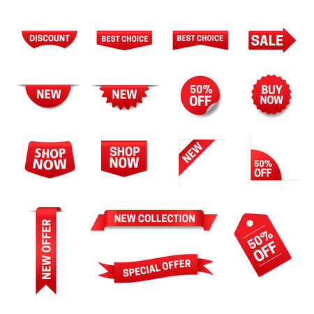 Collection of red sale banners, ribbons and price tags on transparent background. Special offer and shopping discount labels. Vector stock illustration.のイラスト素材