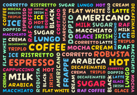 Coffee background. Background made of multi-colored text on the theme of coffee.  Free Daruma Drop One font SIL Open Font License was used in the design.のイラスト素材