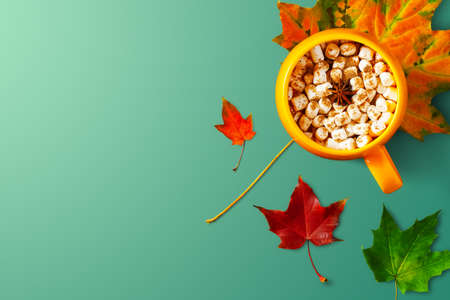 Creative layout of colorful autumn leaves with a hot drink. Flat lay. Season concept.の写真素材