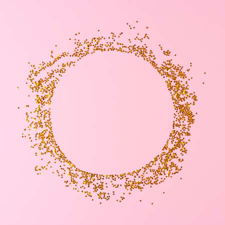 Frame made of golden confetti on pink background. Christmas, winter, new year concept. Banner, card mockup. Flat lay, top view, copy spaceの写真素材