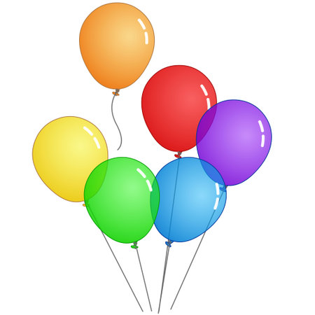 Flying helium bunch balloon, collection. Colored, shiny, transparency group ballons. Red, green, blue, yellow, orange. With springs, outline many baloons. Rainbow ornament  Vector  illustration.のイラスト素材