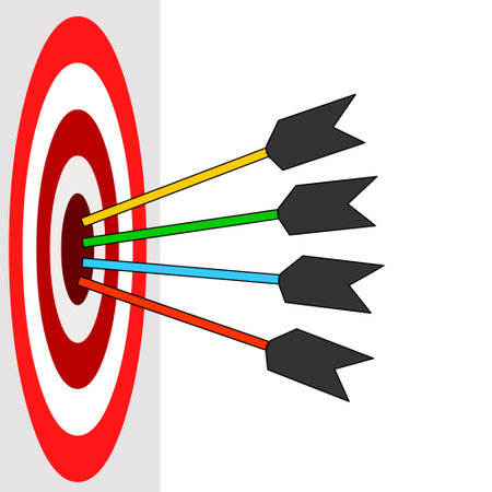 Target board, colorful arrows. Direct hit colored arrows, red, yellow, blue, green. Red white circle on perspective side wall. For stock market, archery, school, success, luck, exam. Vector graphicのイラスト素材