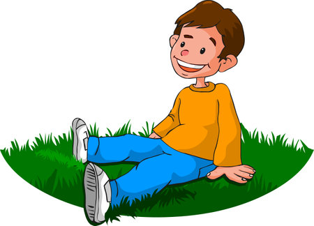 Sitting on the gras. Happy boy make picnic. Cartoon character. Child outdoor game active. Illustration vectorのイラスト素材