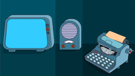 Old tv, radio, television, typewriter. Retro set design. Households items Vector vintage communication instruments. Dark green background. 2d drawing illustrationのイラスト素材