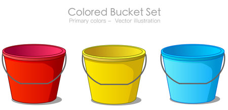 Colored bucket set. Primary colors red blue yellow tin gallon. Colorful water bearer template. Handle summer, sand pails. wedding clipart. drawing vectorのイラスト素材