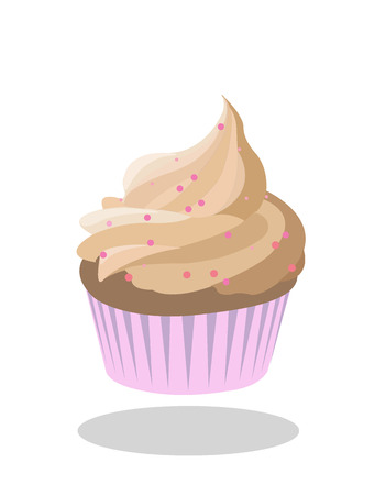 Cupcake beige icing decorated with pink sprinkles in pink paper case.のイラスト素材