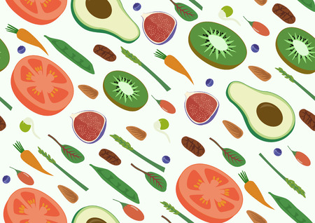 Superfood Vegan Eco Organic Raw Vegetables and Fruits Seamless Diagonal Pattern. Flat Vector Vegetarianのイラスト素材