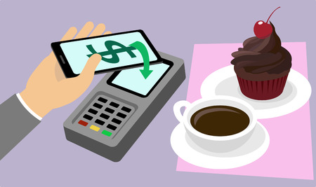 E-commerce. Business concept. Mobile phone paying online for coffee cup and cherry cupcake in cafe. Vectorのイラスト素材