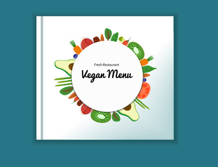 Vegan Restaurant cafe menu, superfood vegetable fruit template design. Food round flyer. Vector flat illustration.のイラスト素材