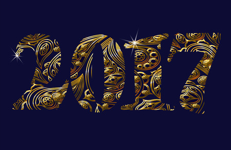 Gold glittering metal New Year numbers figures, currency signs. Floral vintage oriental ornament. Greeting card golden holiday eastのイラスト素材