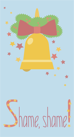 Comic greeting Christmas New Year postcard. Game of Thrones joke with shame bell. Vector Christmas postcard. Flat simple design. Holidays winter golden bell with red ribbon. Cersei Lannisterのイラスト素材