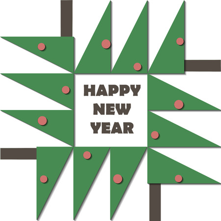 Happy New Year Greeting Card. Paper cut collage applique cutout child. Christmas tree with red balls geometric material design. Vector illustrationのイラスト素材