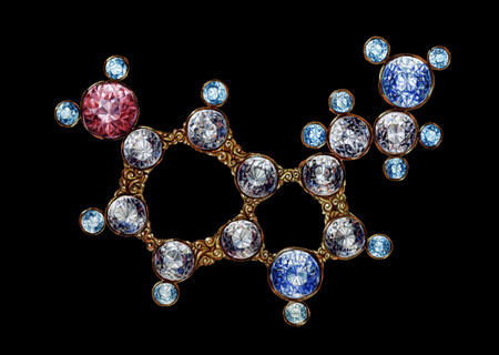Golden Serotonin Molecule Molecular Structure With Shining Gemstones. Hand Drawn Oil on Canvas Art. Chemistry Science illustration on Black Backgroundの写真素材