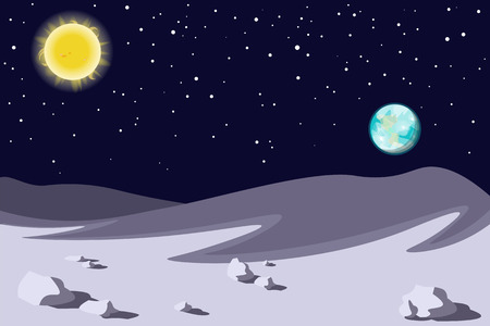Lunar landscape. Planet earth sun in the sky. Vector illustrationのイラスト素材
