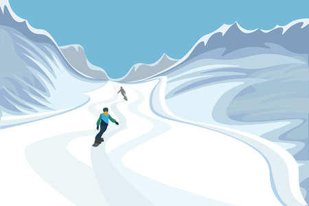 Snowy mountains. Snowboarders are rolling along a mountain road. Vector illustrationのイラスト素材