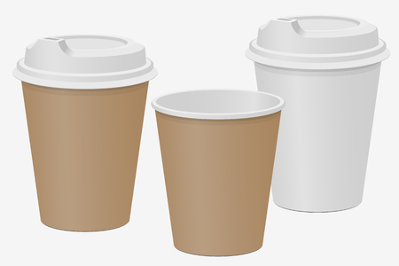 Beige and white paper cups for hot drinks. Coffee Tea. Vector illustrationのイラスト素材