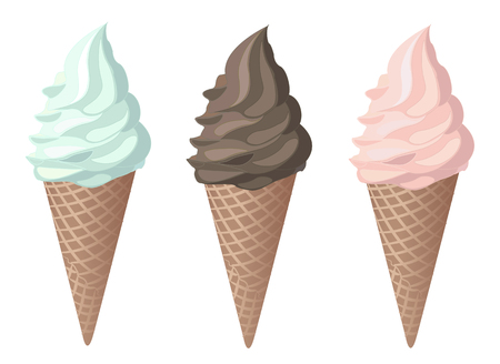Cones strawberry mint chocolate ice cream. Vector illustrationのイラスト素材