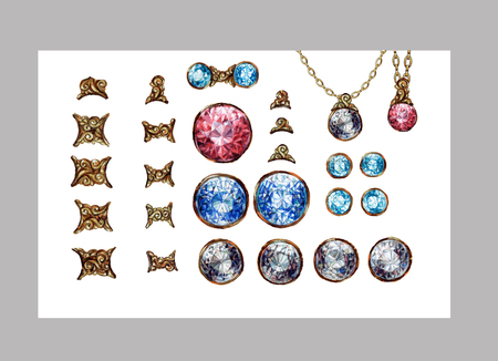 Hand drawn crystal gemstones gems isolated set. Gold connectors for jewelry necklace. Brilliant diamond ruby sapphire.の写真素材