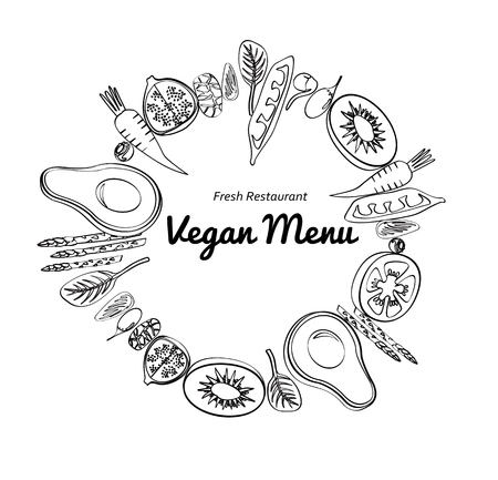 Graphic stroke vegetables and fruit round art. Vegan vegetable raw farm organic decorative background vector illustration. Tomato avocado kiwi spinach goji fig beanのイラスト素材
