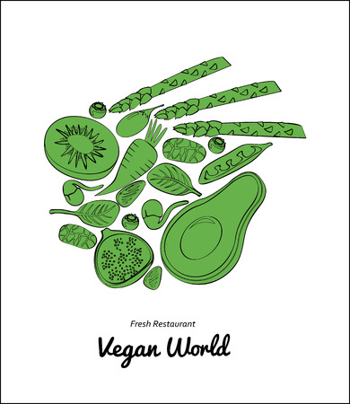 Graphic stroke vegetables and fruit round art. Vegan vegetable raw farm organic decorative background vector illustration. Tomato avocado kiwi spinach goji fig beanのイラスト素材