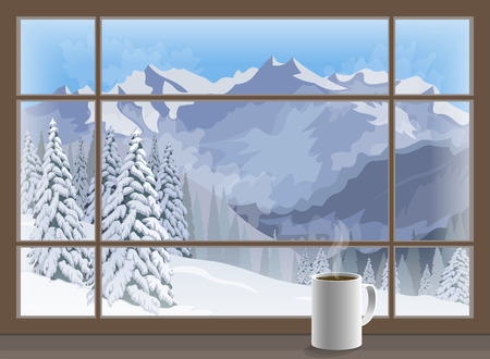 Coffee mug on a window sill. winter mountain landscape. Vectorのイラスト素材