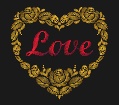 Embroidery heart of gold roses leaf red bright word love in the center black background. Fashion handcraft beautiful calligraphy vector illustrationのイラスト素材