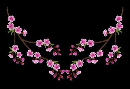 Embroidery branch of pink cherry blossoms on a black background. sakura flowers. Spring in Japan. vector illustration.のイラスト素材