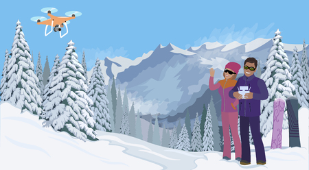 Mountain winter landscape. Spruce in the snow. Girl and boy make selfie via drone. snowboarders are photographed on a background of blue sky Mountains. vector illustrationのイラスト素材
