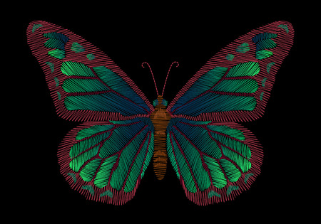 Embroidery green butterflies on a black background. fashionable design. handmade. Traditional clothing decoration. vector illustrationのイラスト素材