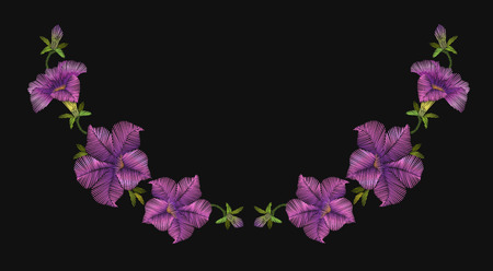 Embroidery crewel floral petunia neckline decoration. Vector illustrationのイラスト素材