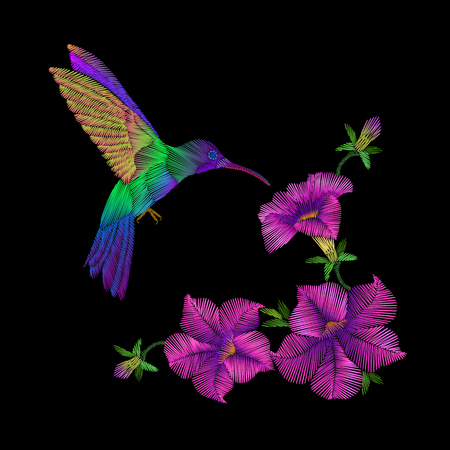 Embroidery crewel hummingbird bird flying petunia flower decoration patch print vector illustration. Fashion stitch beautiful ornate floral designのイラスト素材