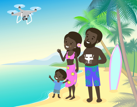 Family mom dad and children kid boy on vacation seashore ocean sea with quadcopter drone african indian brown skin vector cartoonのイラスト素材