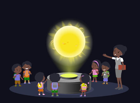 Innovation education elementary school african brown skin black hair group kids planetariun science sun. hologram on space future museum center. vector illustration.のイラスト素材