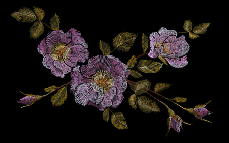 Wild pink rose embroidery crewel. Fashion closing decoration dog rose delicate white vintage color. Blooming flower blossom vector illustrationのイラスト素材