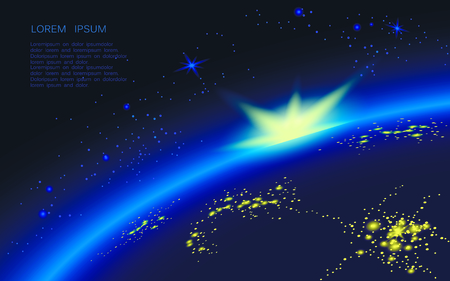 The planet s disk in the blue sky is full of stars, the sun appears above the horizon. On the night side of the earth, glow with the sparks of the city.のイラスト素材