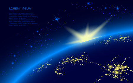 A planet in blue space full of stars. The sun rises above the horizon. On the night side of the earth shine with the sparks of the city. vectorのイラスト素材