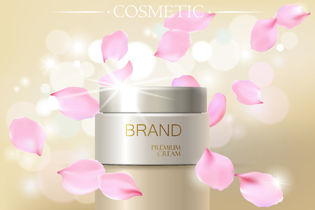 Rose petal flower extract cosmetic ads template, realistic 3D illustration skincare moisturizing mockup elegant glow bokeh backgroundのイラスト素材