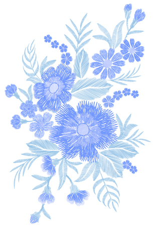 Blue embroidered flower bouquet field fashion patch fabric ornament traditional ethnic vintage embroidery vector illustration artのイラスト素材
