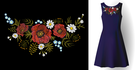 Embroidery field flower arrange necklace patch poppy daisy herbs. Fashion dress decoration woman stitch ornate realistic 3d mockup vector illustrationのイラスト素材