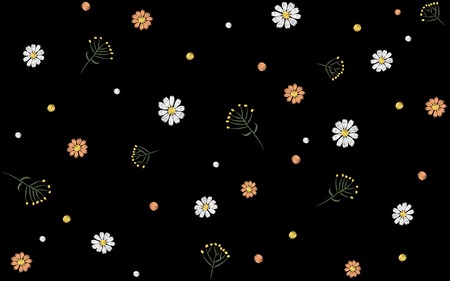 Flower seamless pattern. Field herbs daisy textile print decoration black background fashion traditional vector illustration vintage.のイラスト素材
