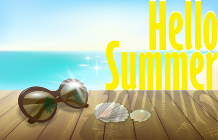 Hello summer sunny beach background template. Blue sea ocean sky. Wooden planks sunglasses seashell. Vacation 3d realistic detailed vector illustration banner artのイラスト素材