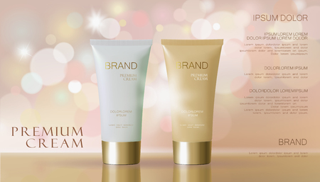 Cosmetic creamwhite delicate beige color background with defocused blurry light bokeh. Skin care package promotional template. Glossy golden glitter vector illustration artのイラスト素材