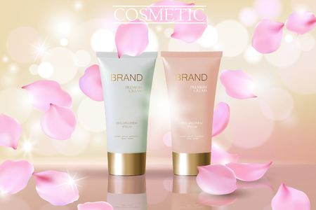 Delicate pink flower falling petals cosmetic ad. Beige white face cream rose blossom mask tube reflection package mockup blurred defocused shiny background template vector promoting illustration artのイラスト素材