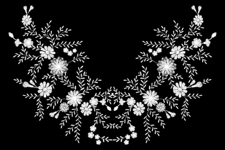 Black and white monochrome field flower embroidery. Traditional vintage decoration. Field rustic daisy herbs butterfly vector illustration art patchのイラスト素材