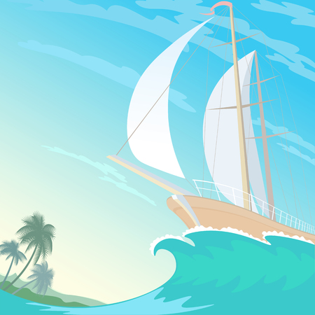 Boat white sail canvas up on wave crest. Blue sky sunny beach palms. Blue clear ocean water. Travel vacation vector illustration background artのイラスト素材