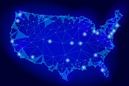 United States of America map low poly style. Connected dots communication mesh wire point line dark blue night abstract background vector triangle illustrationのイラスト素材