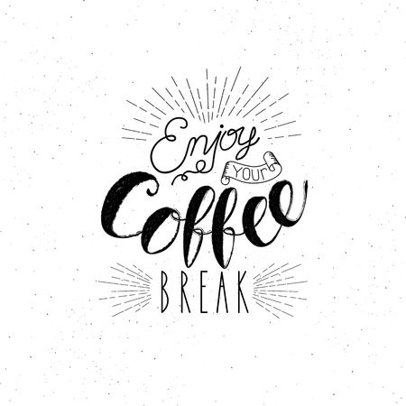 Enjoy your coffee break cafe hand drawn vintage brush lettering typography inscription on blue sky sea background poster. White typeface texture vector quote banner illustration artのイラスト素材