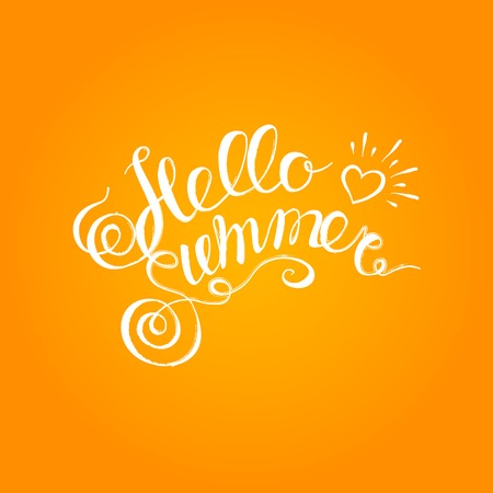 Hello summer hand drawn brush lettering typography inscription on orange background poster. White typeface texture vector quote banner illustration artのイラスト素材
